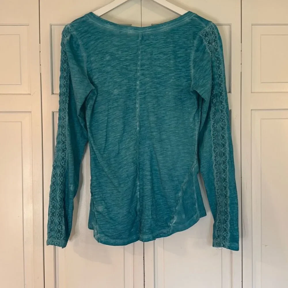 Free People Shell sleeve lace trim Henley turquoise small